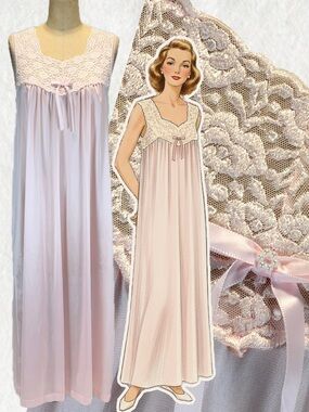 VINTAGE 80s pastel pink silky nylon nightgown slip dress floral lace long maxi